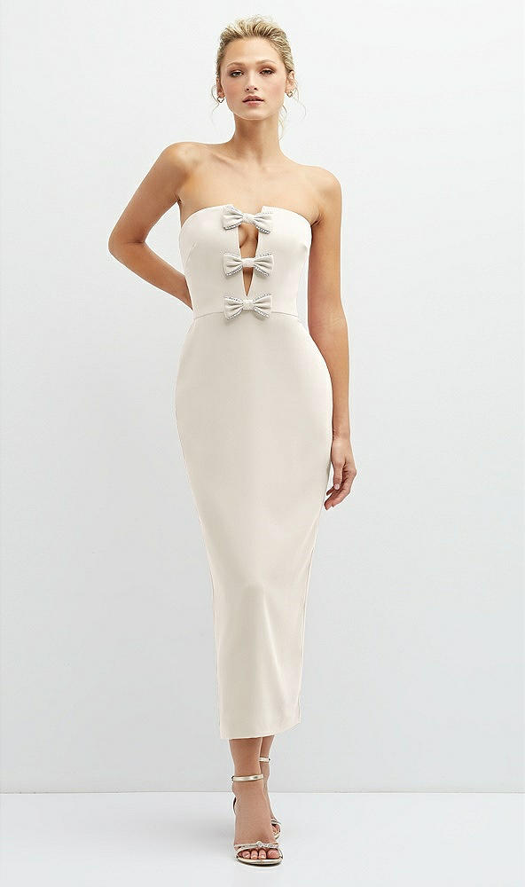 Front View - Ivory Rhinestone Bow Trimmed Peek-a-Boo Deep-V Midi Dress with Pencil Skirt
