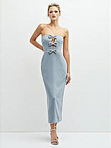 Front View Thumbnail - Mist Rhinestone Bow Trimmed Peek-a-Boo Deep-V Midi Dress with Pencil Skirt