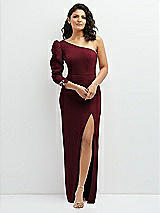Front View Thumbnail - Cabernet 3/4 Puff Sleeve One-shoulder Maxi Dress with Rhinestone Bow Detail