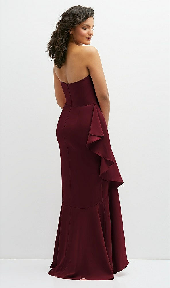 Back View - Cabernet Strapless Crepe Maxi Dress with Ruffle Edge Bias Wrap Skirt