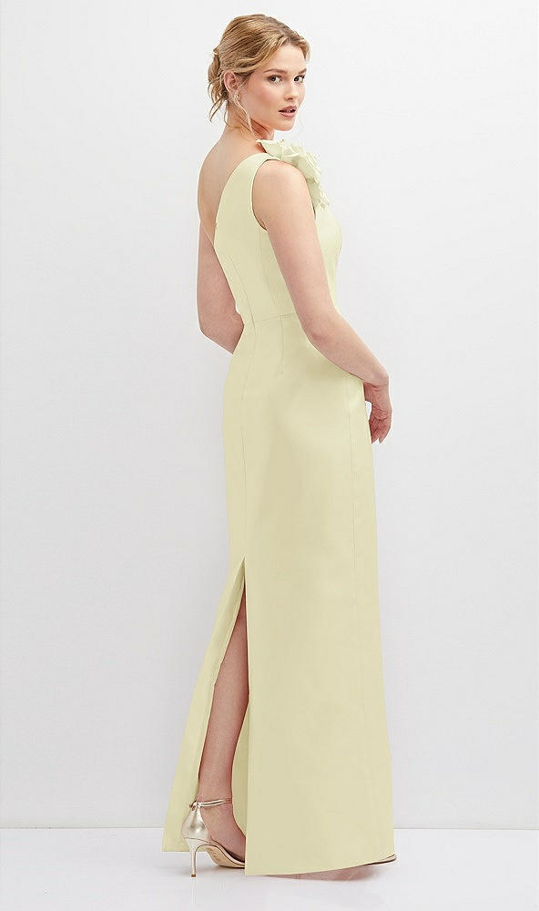 Back View - Butter Yellow Oversized Flower One-Shoulder Satin Column Dress