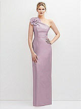 Front View Thumbnail - Suede Rose Oversized Flower One-Shoulder Satin Column Dress