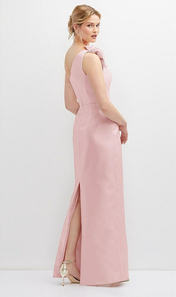 Back View - Ballet Pink Oversized Flower One-Shoulder Satin Column Dress