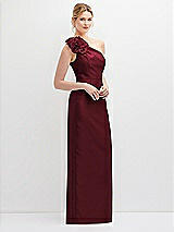 Side View Thumbnail - Cabernet Oversized Flower One-Shoulder Satin Column Dress