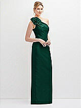 Side View Thumbnail - Hunter Green Oversized Flower One-Shoulder Satin Column Dress