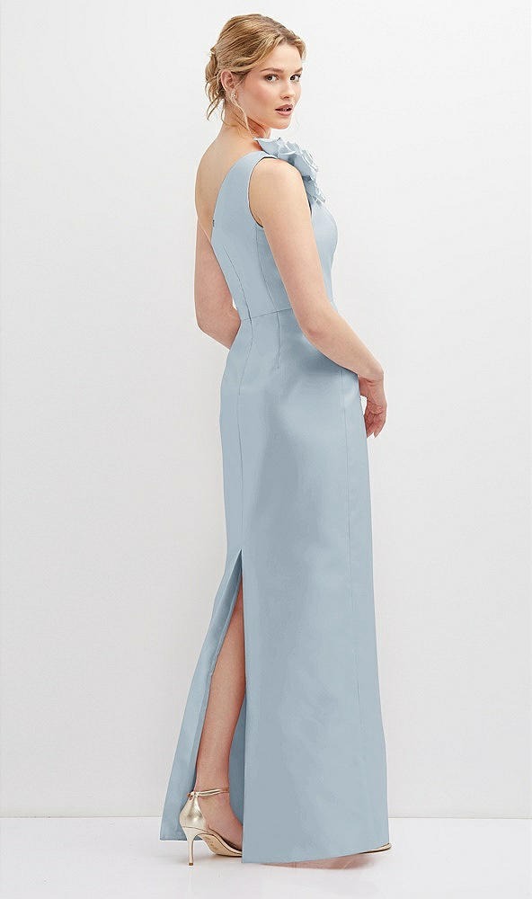 Back View - Mist Oversized Flower One-Shoulder Satin Column Dress