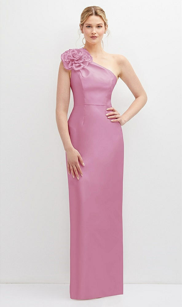 Front View - Powder Pink Oversized Flower One-Shoulder Satin Column Dress