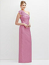 Side View Thumbnail - Powder Pink Oversized Flower One-Shoulder Satin Column Dress