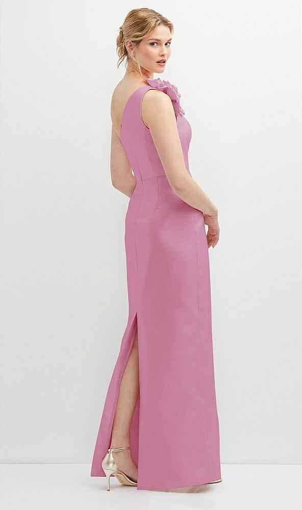 Back View - Powder Pink Oversized Flower One-Shoulder Satin Column Dress
