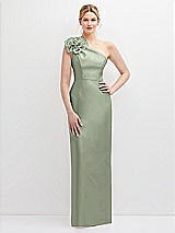Front View Thumbnail - Sage Oversized Flower One-Shoulder Satin Column Dress