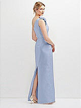 Rear View Thumbnail - Sky Blue Oversized Flower One-Shoulder Satin Column Dress