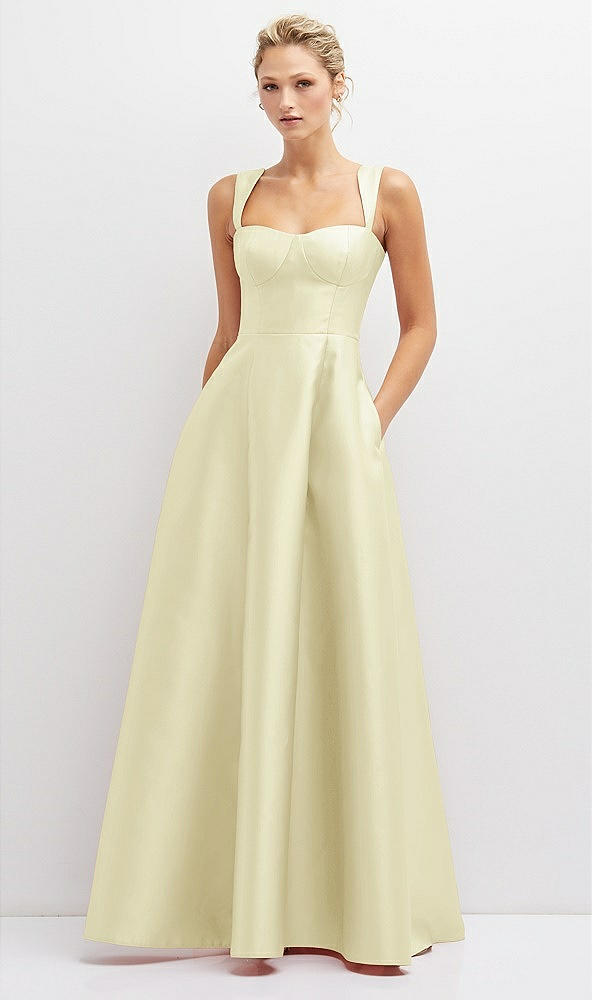 Front View - Butter Yellow Lace-Up Back Bustier Satin Dress with Full Skirt and Pockets