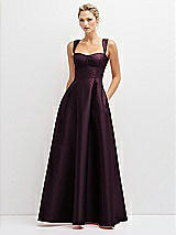 Front View Thumbnail - Deep Plum Lace-Up Back Bustier Satin Dress with Full Skirt and Pockets