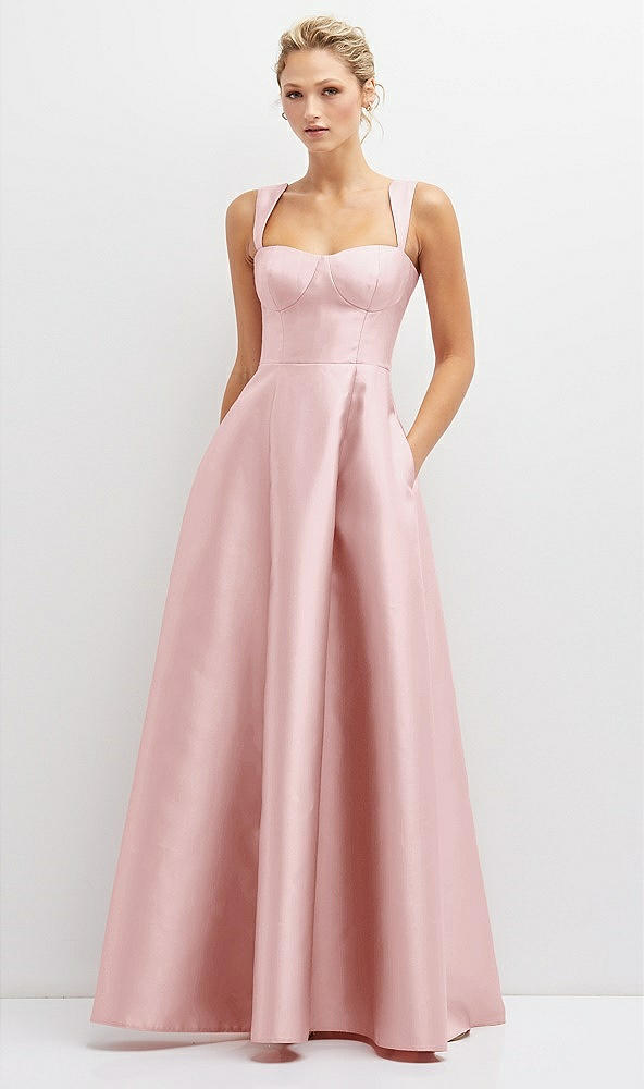 Front View - Ballet Pink Lace-Up Back Bustier Satin Dress with Full Skirt and Pockets
