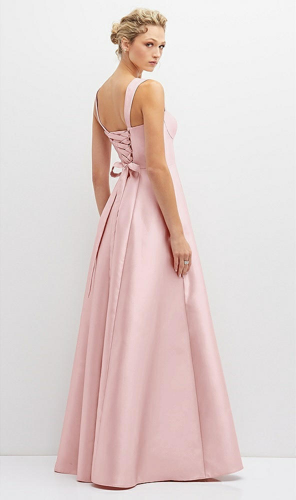 Back View - Ballet Pink Lace-Up Back Bustier Satin Dress with Full Skirt and Pockets