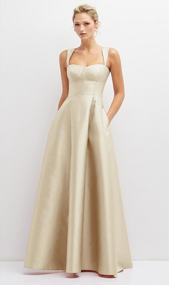 Front View - Champagne Lace-Up Back Bustier Satin Dress with Full Skirt and Pockets