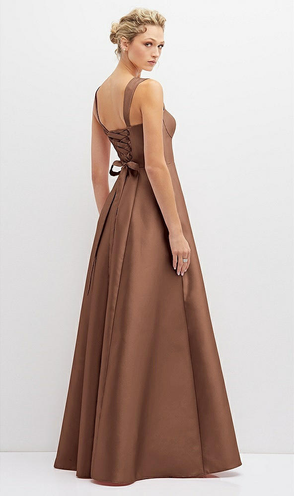 Back View - Cognac Lace-Up Back Bustier Satin Dress with Full Skirt and Pockets