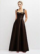 Front View Thumbnail - Espresso Lace-Up Back Bustier Satin Dress with Full Skirt and Pockets