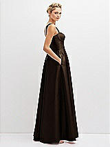 Side View Thumbnail - Espresso Lace-Up Back Bustier Satin Dress with Full Skirt and Pockets