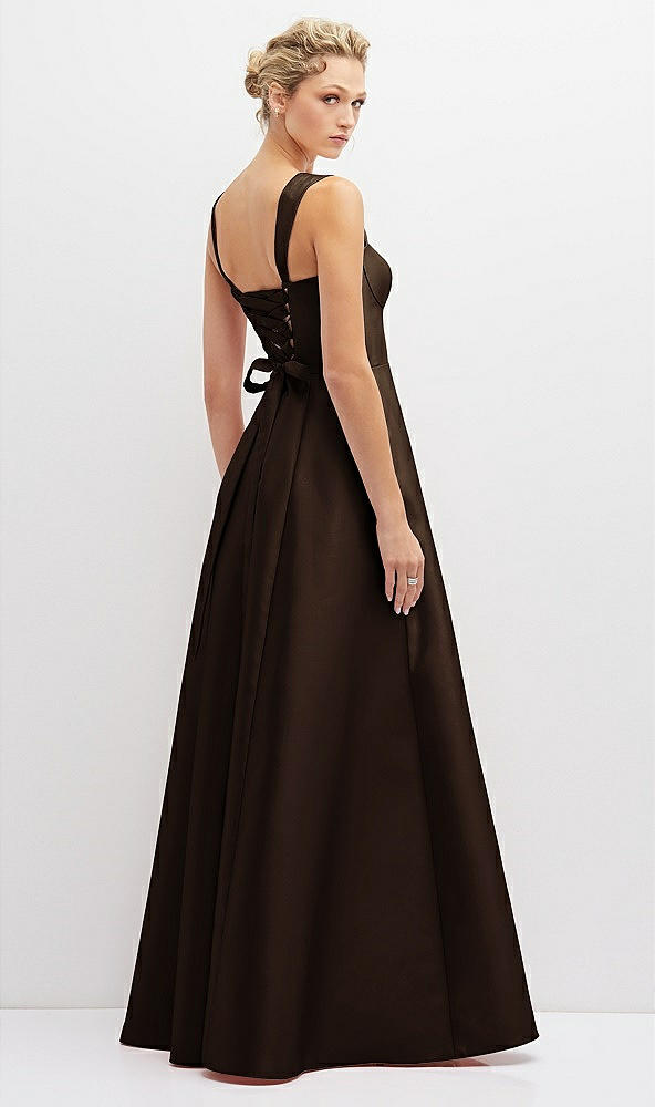 Back View - Espresso Lace-Up Back Bustier Satin Dress with Full Skirt and Pockets