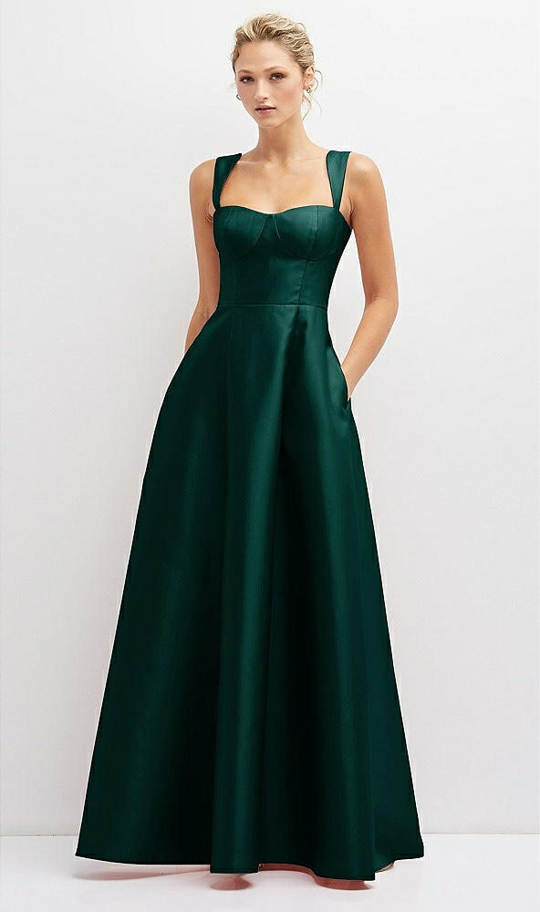 Front View - Evergreen Lace-Up Back Bustier Satin Dress with Full Skirt and Pockets