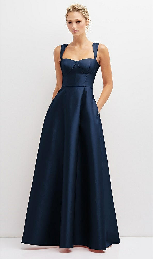 Front View - Midnight Navy Lace-Up Back Bustier Satin Dress with Full Skirt and Pockets