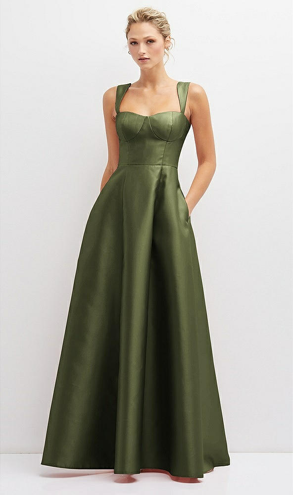 Front View - Olive Green Lace-Up Back Bustier Satin Dress with Full Skirt and Pockets