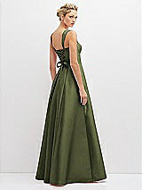 Rear View Thumbnail - Olive Green Lace-Up Back Bustier Satin Dress with Full Skirt and Pockets