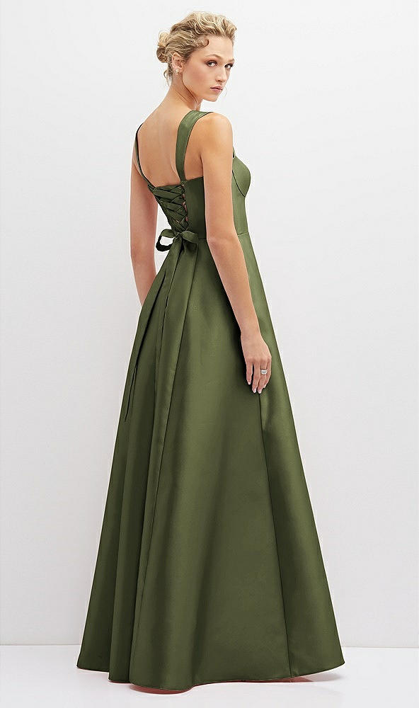 Back View - Olive Green Lace-Up Back Bustier Satin Dress with Full Skirt and Pockets