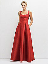 Front View Thumbnail - Poppy Red Lace-Up Back Bustier Satin Dress with Full Skirt and Pockets