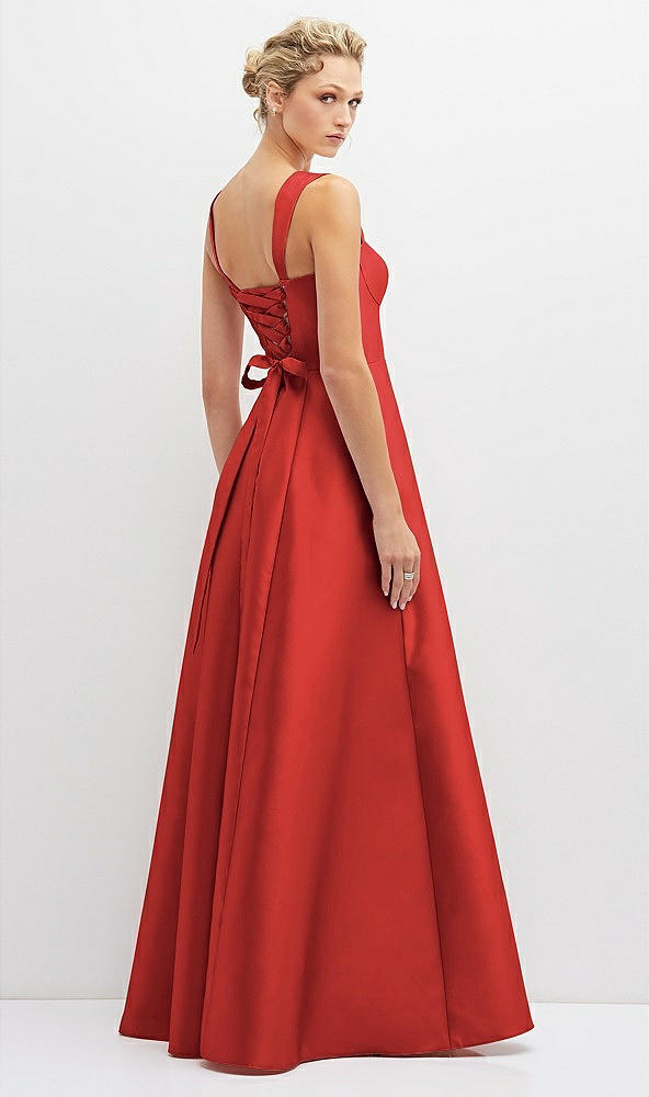 Back View - Poppy Red Lace-Up Back Bustier Satin Dress with Full Skirt and Pockets