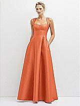 Front View Thumbnail - Portofino Orange Lace-Up Back Bustier Satin Dress with Full Skirt and Pockets