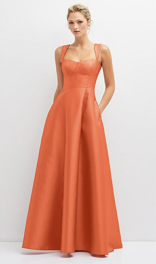 Front View - Portofino Orange Lace-Up Back Bustier Satin Dress with Full Skirt and Pockets