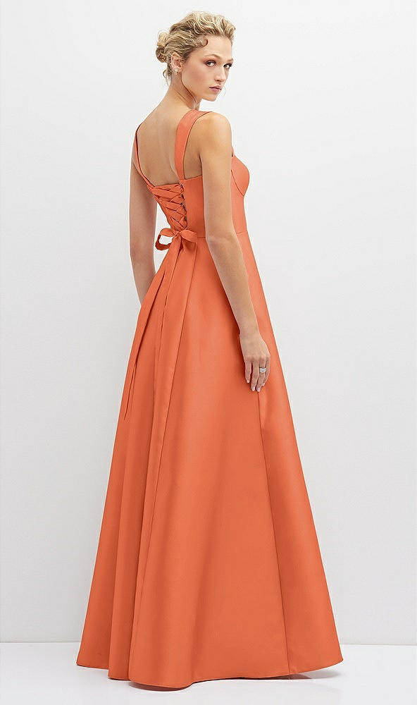 Back View - Portofino Orange Lace-Up Back Bustier Satin Dress with Full Skirt and Pockets