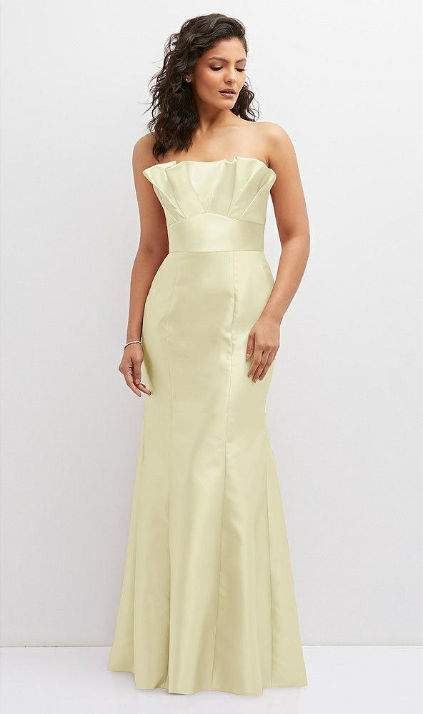 Front View - Butter Yellow Strapless Satin Fit and Flare Dress with Crumb-Catcher Bodice