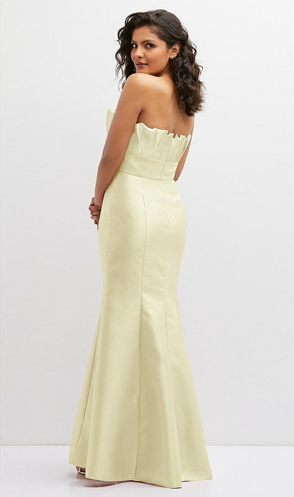 Back View - Butter Yellow Strapless Satin Fit and Flare Dress with Crumb-Catcher Bodice