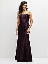 Front View Thumbnail - Deep Plum Strapless Satin Fit and Flare Dress with Crumb-Catcher Bodice