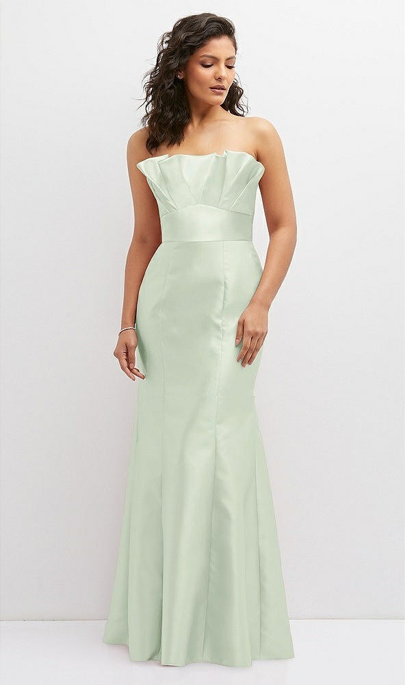 Front View - Mint Green Strapless Satin Fit and Flare Dress with Crumb-Catcher Bodice