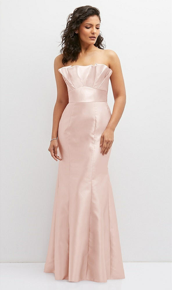 Front View - Blush Strapless Satin Fit and Flare Dress with Crumb-Catcher Bodice