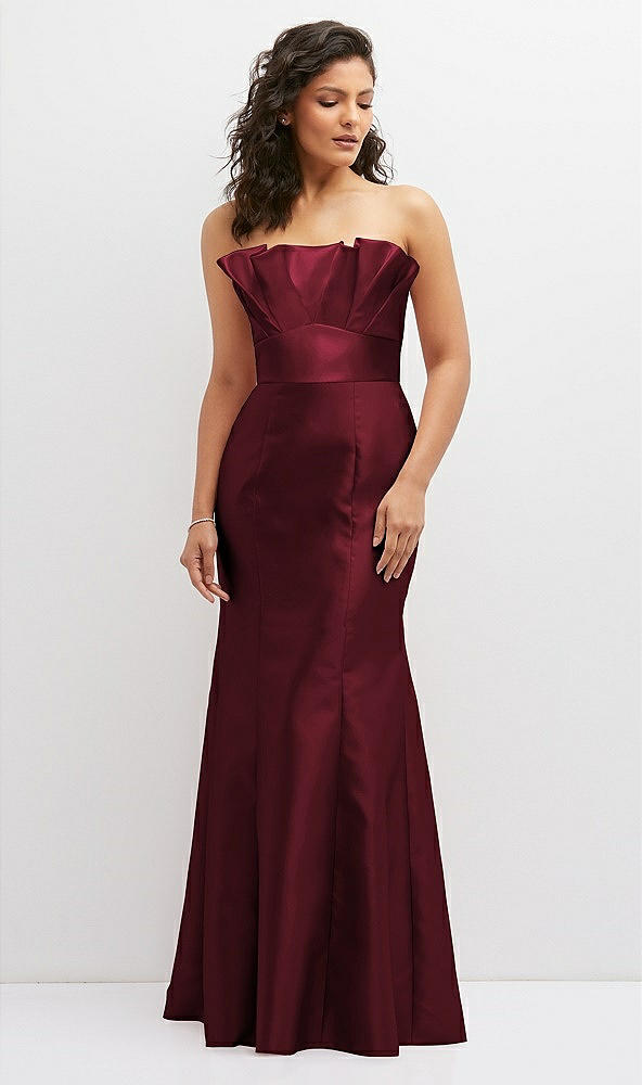 Front View - Cabernet Strapless Satin Fit and Flare Dress with Crumb-Catcher Bodice