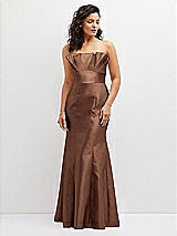 Front View Thumbnail - Cognac Strapless Satin Fit and Flare Dress with Crumb-Catcher Bodice
