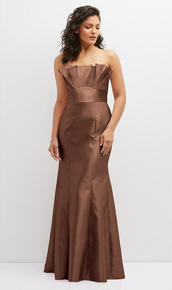 Front View - Cognac Strapless Satin Fit and Flare Dress with Crumb-Catcher Bodice