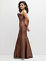 Side View Thumbnail - Cognac Strapless Satin Fit and Flare Dress with Crumb-Catcher Bodice