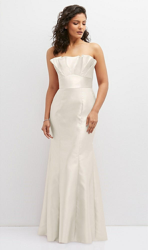 Front View - Ivory Strapless Satin Fit and Flare Dress with Crumb-Catcher Bodice