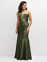 Front View Thumbnail - Olive Green Strapless Satin Fit and Flare Dress with Crumb-Catcher Bodice