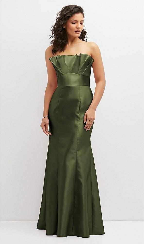 Front View - Olive Green Strapless Satin Fit and Flare Dress with Crumb-Catcher Bodice