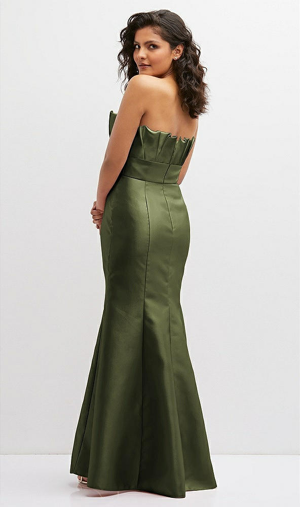 Back View - Olive Green Strapless Satin Fit and Flare Dress with Crumb-Catcher Bodice
