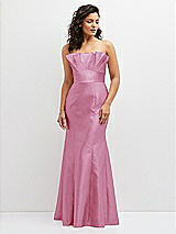 Front View Thumbnail - Powder Pink Strapless Satin Fit and Flare Dress with Crumb-Catcher Bodice
