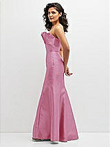 Side View Thumbnail - Powder Pink Strapless Satin Fit and Flare Dress with Crumb-Catcher Bodice