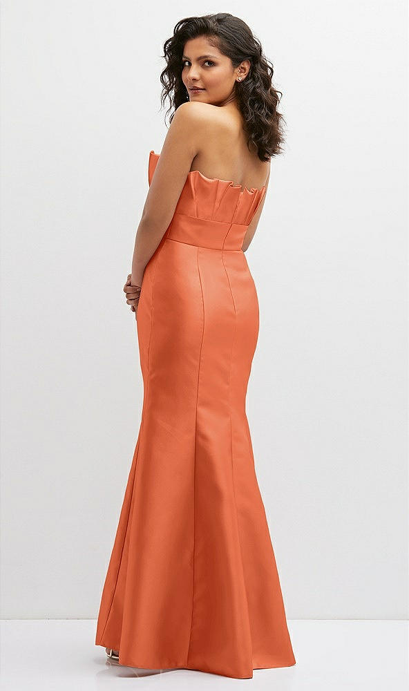 Back View - Portofino Orange Strapless Satin Fit and Flare Dress with Crumb-Catcher Bodice